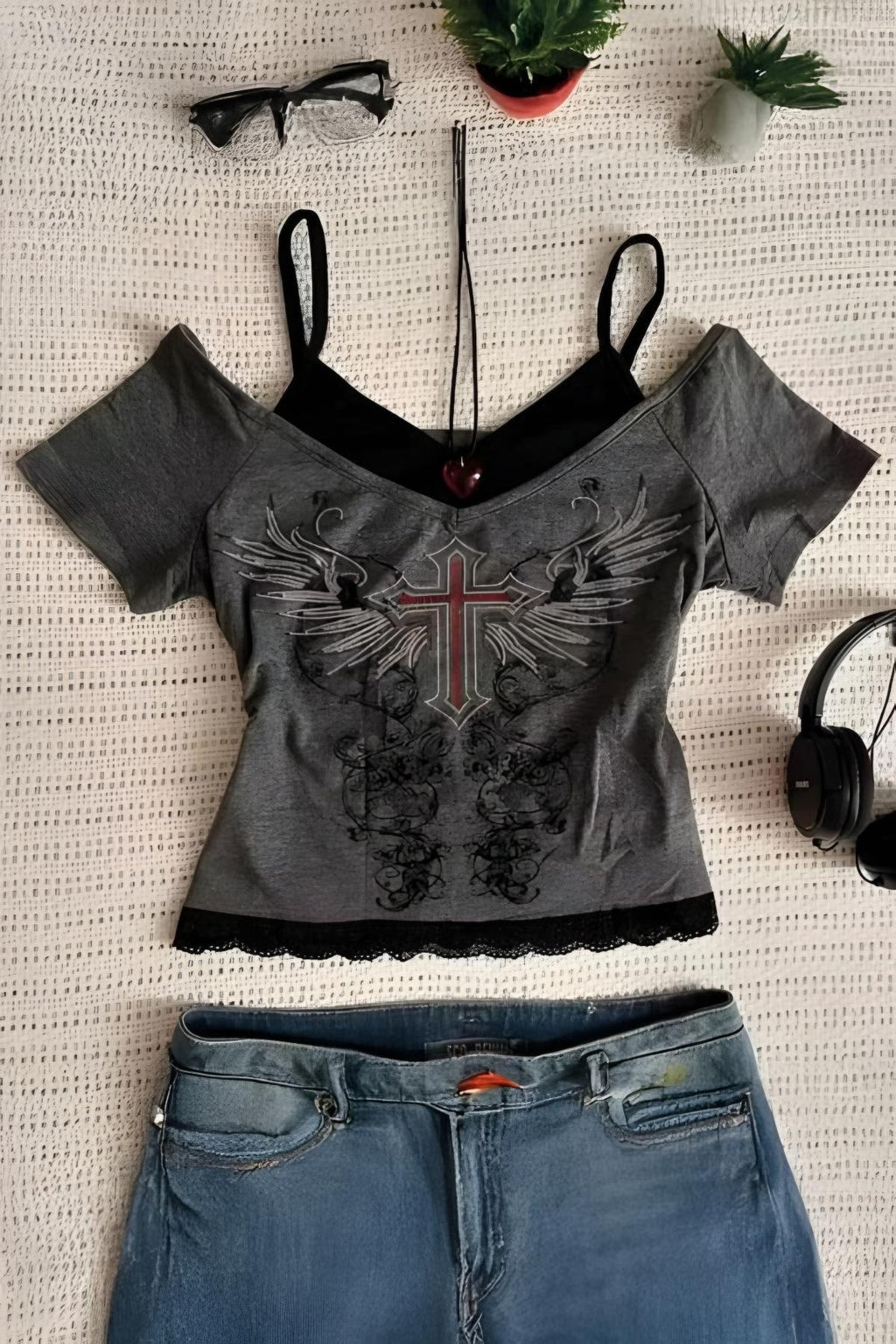 Antrasit Cross Wing Vintage Bluz