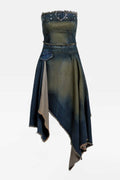 Asimetrik Straplez Denim Elbise