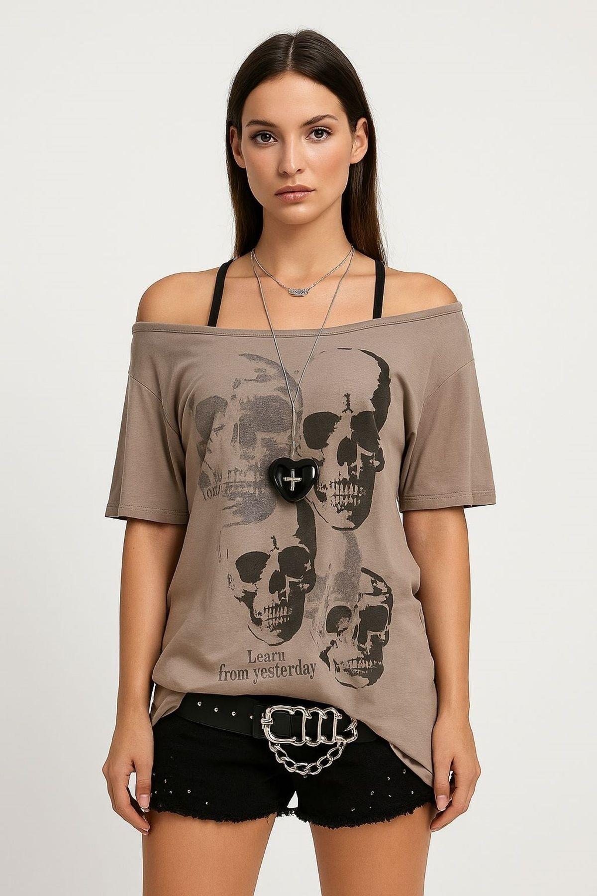 Bej Gothic Skull Bluz