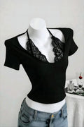 Black Dantelli Boyundan Bağlamalı Gothic Bluz