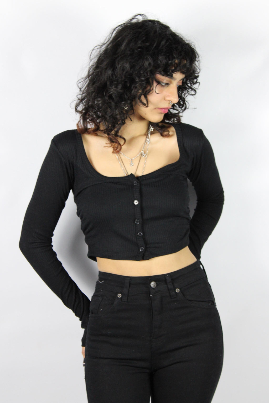 Black Düğmeli Crop