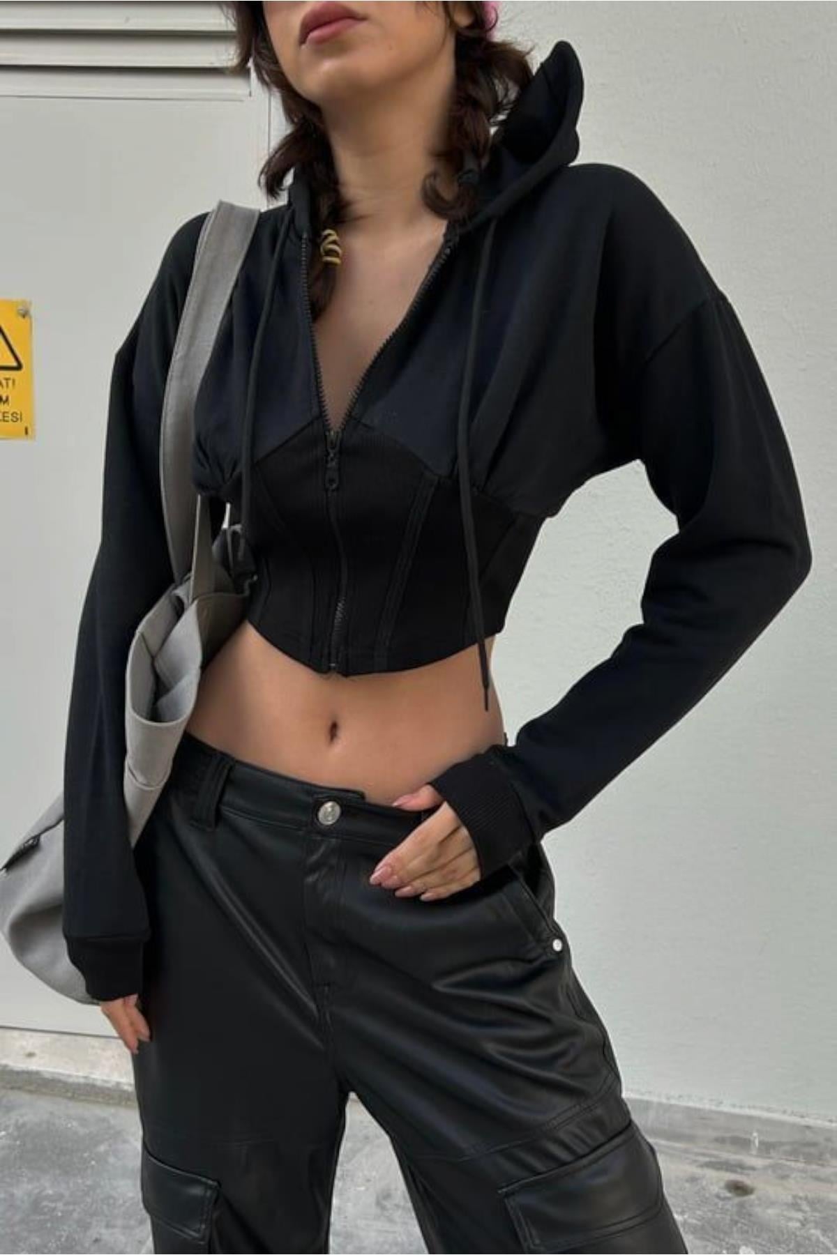 Black Fermuarlı Crop Top Hırka
