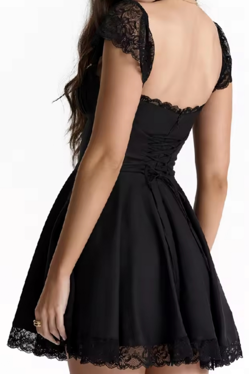 Black Lace Detail Tied Elbise