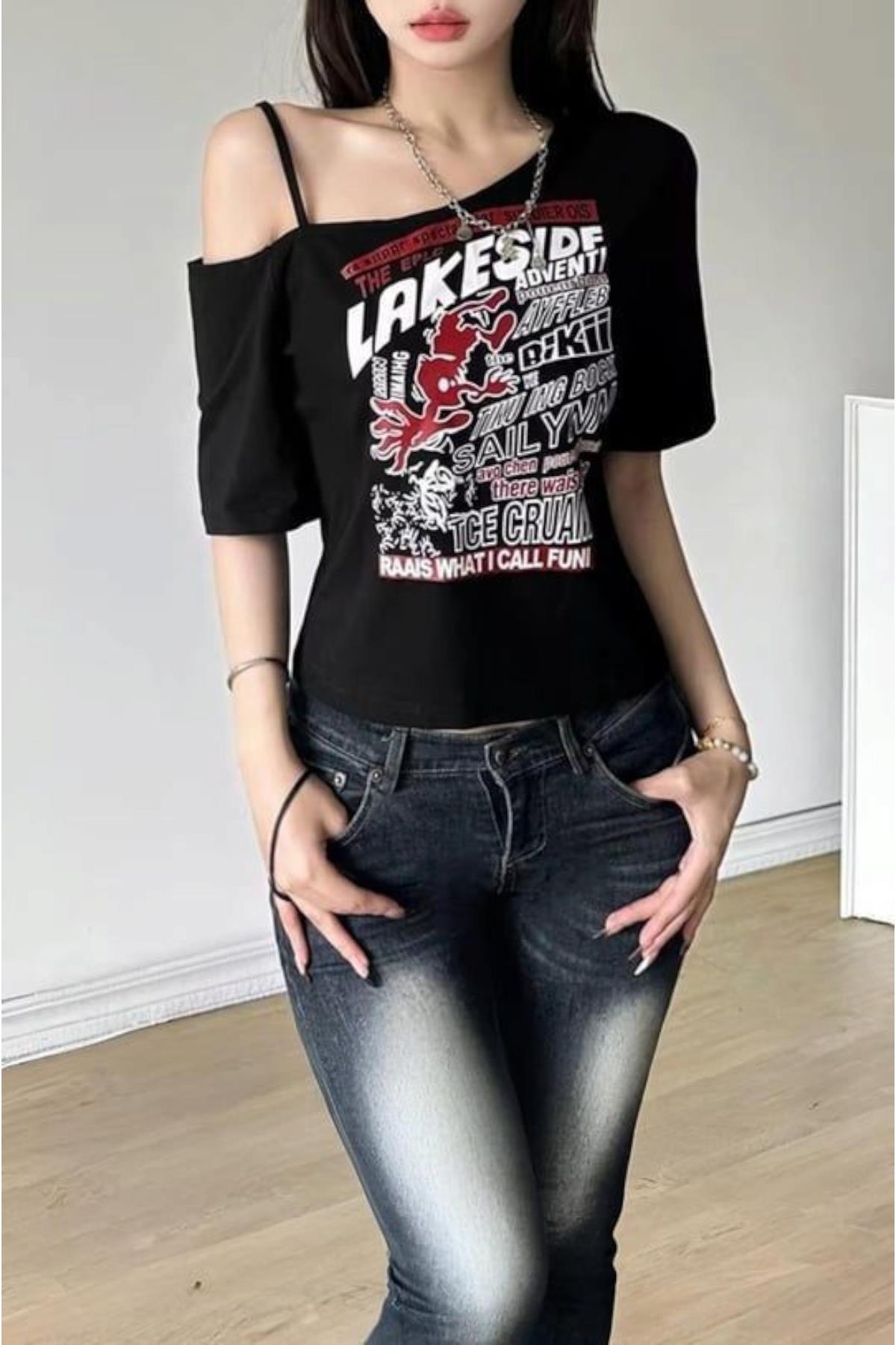 Black Omuz Dekolteli Askılı Kısa Kollu Crop