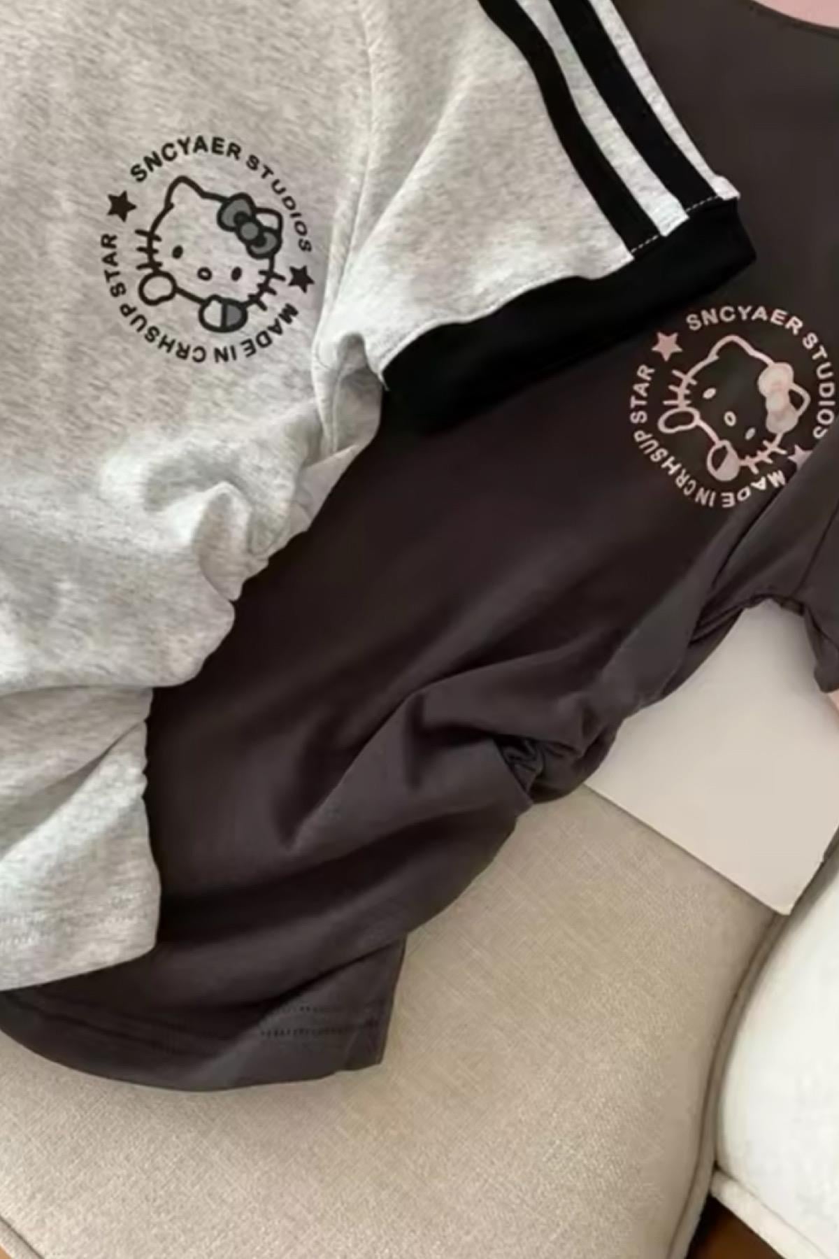 Black Pink Kitty Büzgülü Crop