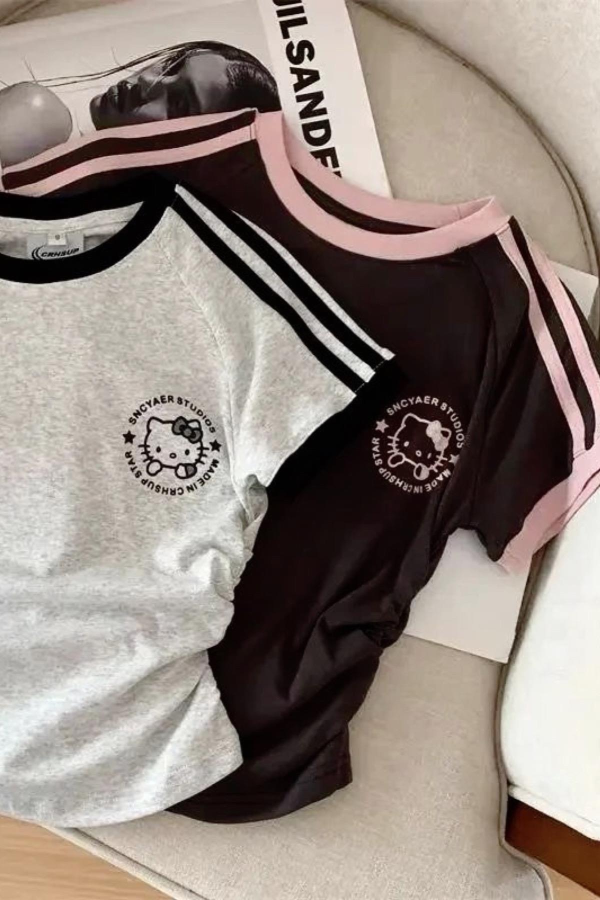 Black Pink Kitty Büzgülü Crop