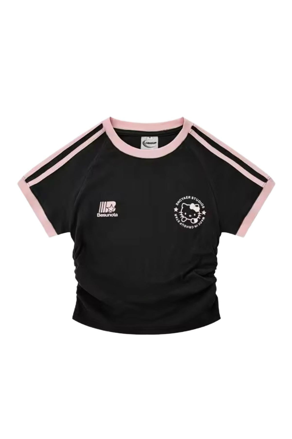 Black Pink Kitty Büzgülü Crop