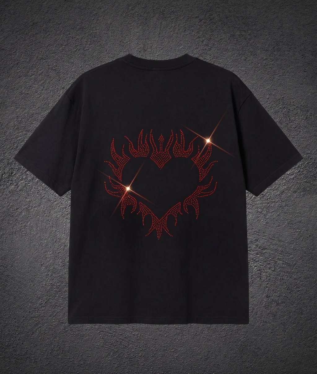 Black Sırt Taşlı Red Heart Oversize T-shirt