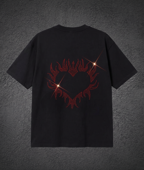 Black Sırt Taşlı Red Heart Oversize T-shirt