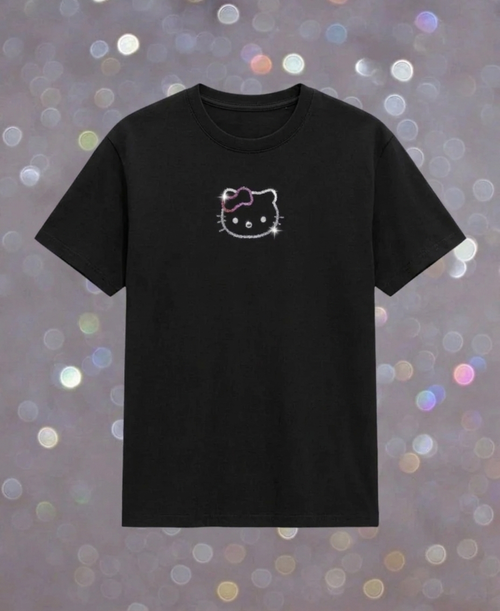 Black Taşlı Cat Oversize T-shirt