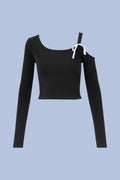 Black Uzun Kol White Ribbon Bluz