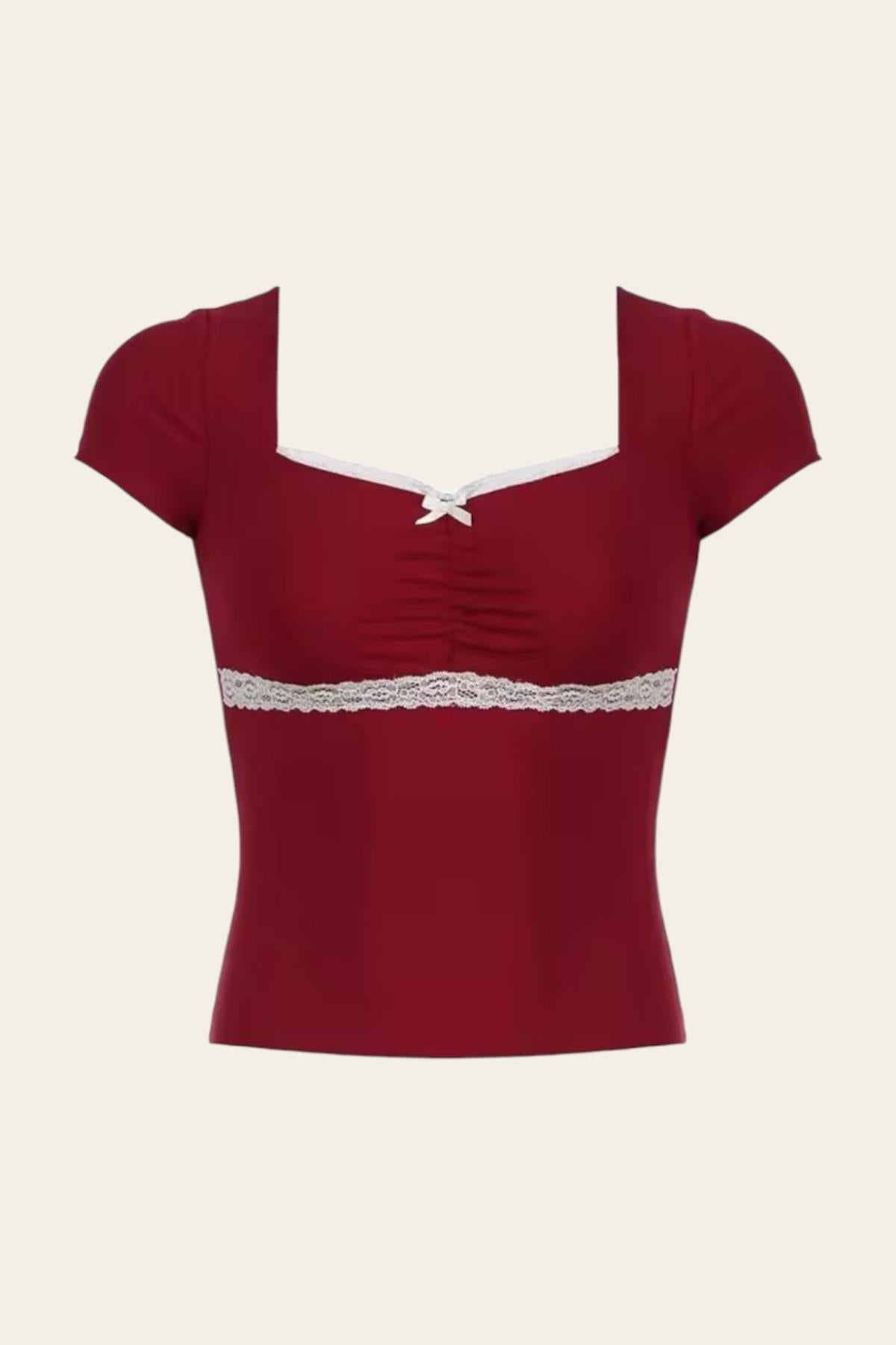 Bordo Dantelli Kısa Kollu Bluz