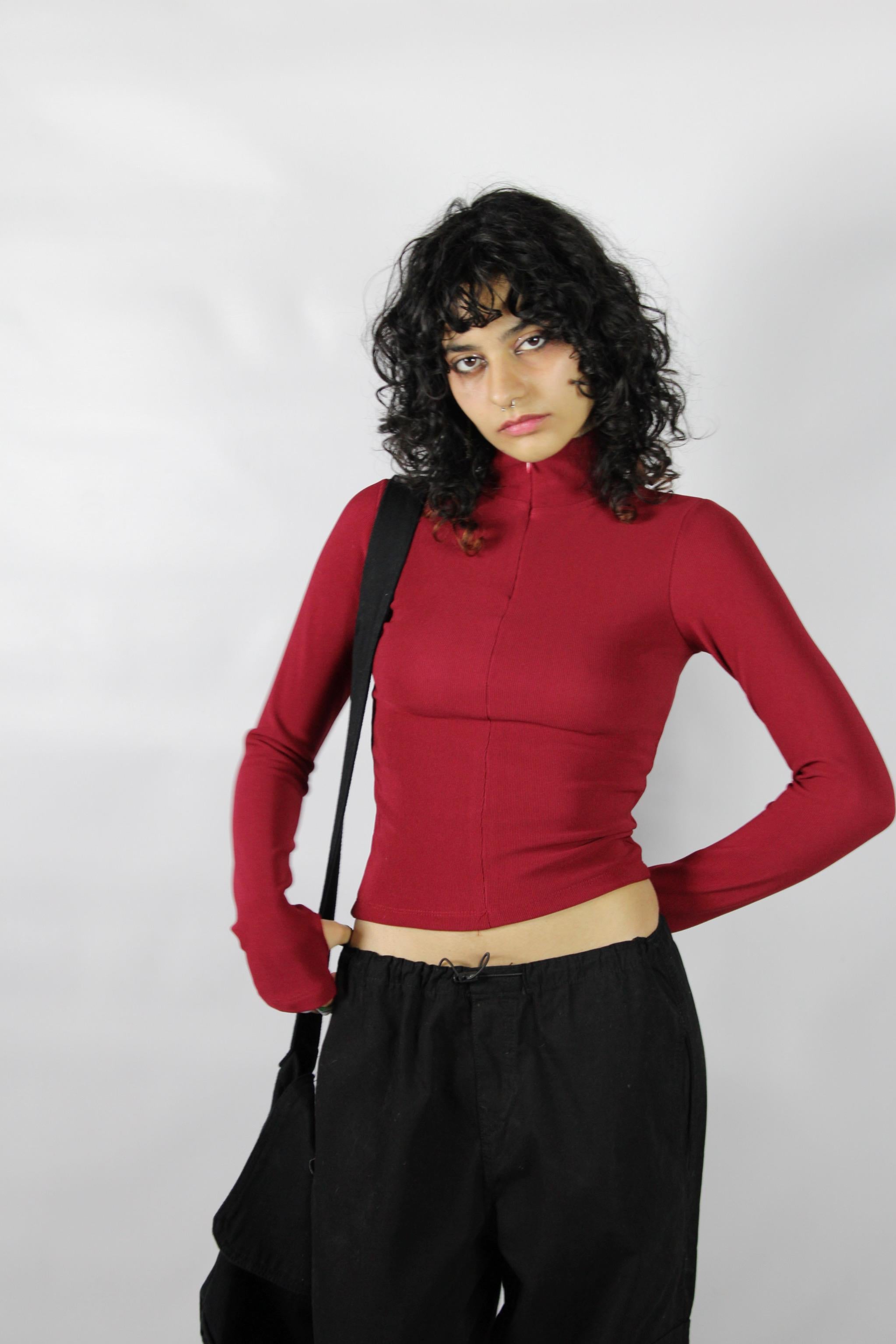 Bordo Fitilli Fermuarlı Bluz