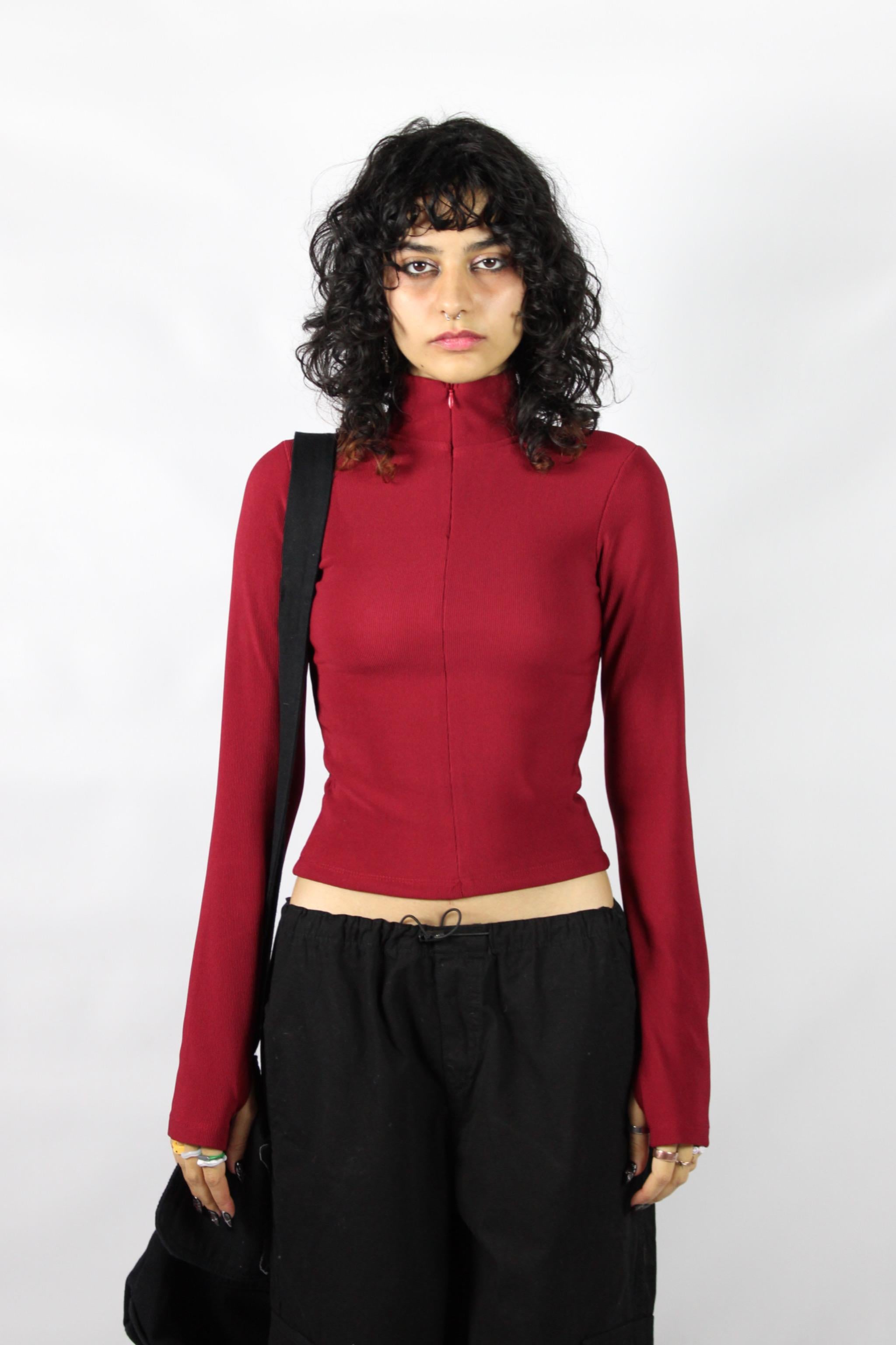Bordo Fitilli Fermuarlı Bluz