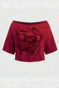 Bordo Gothic Skulls KısaKol Crop