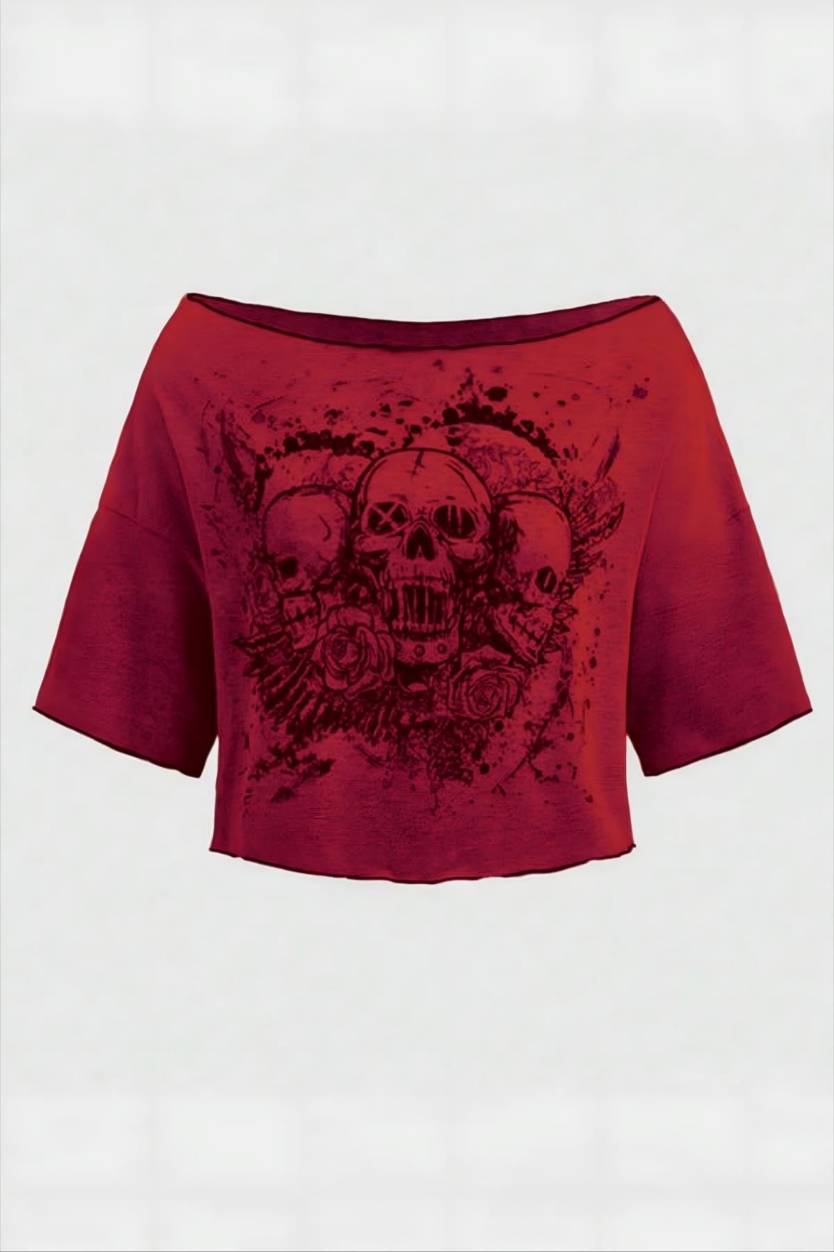 Bordo Gothic Skulls KısaKol Crop