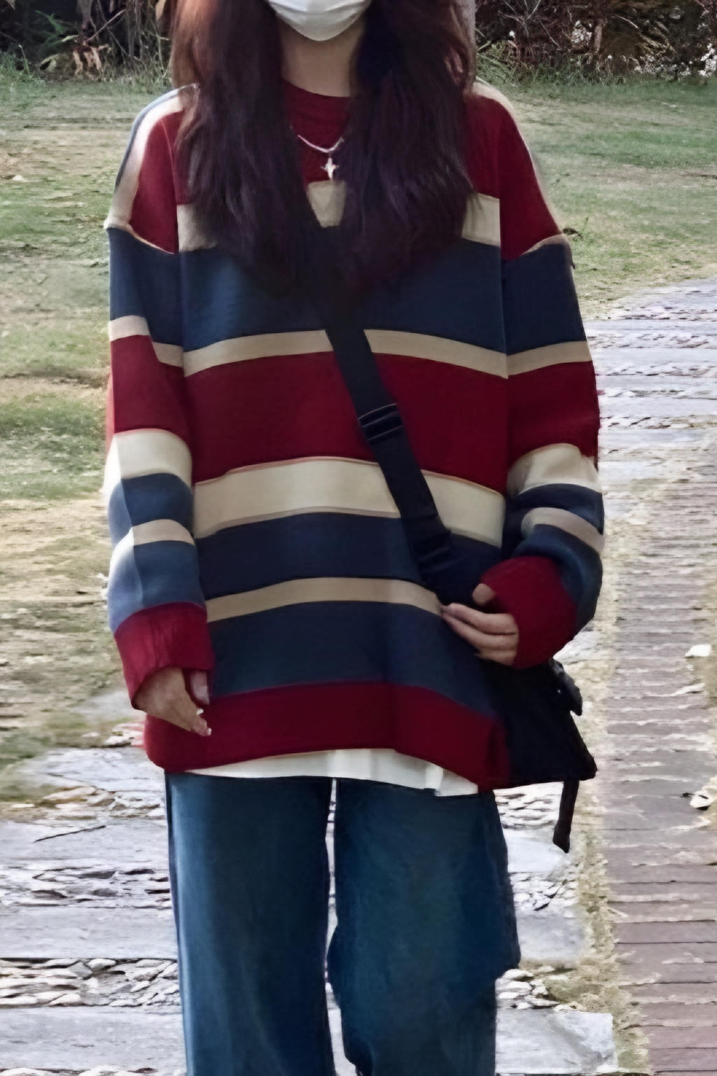 Bordo-Lacivert Çizgili Oversize Kazak