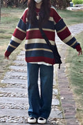 Bordo-Lacivert Çizgili Oversize Kazak