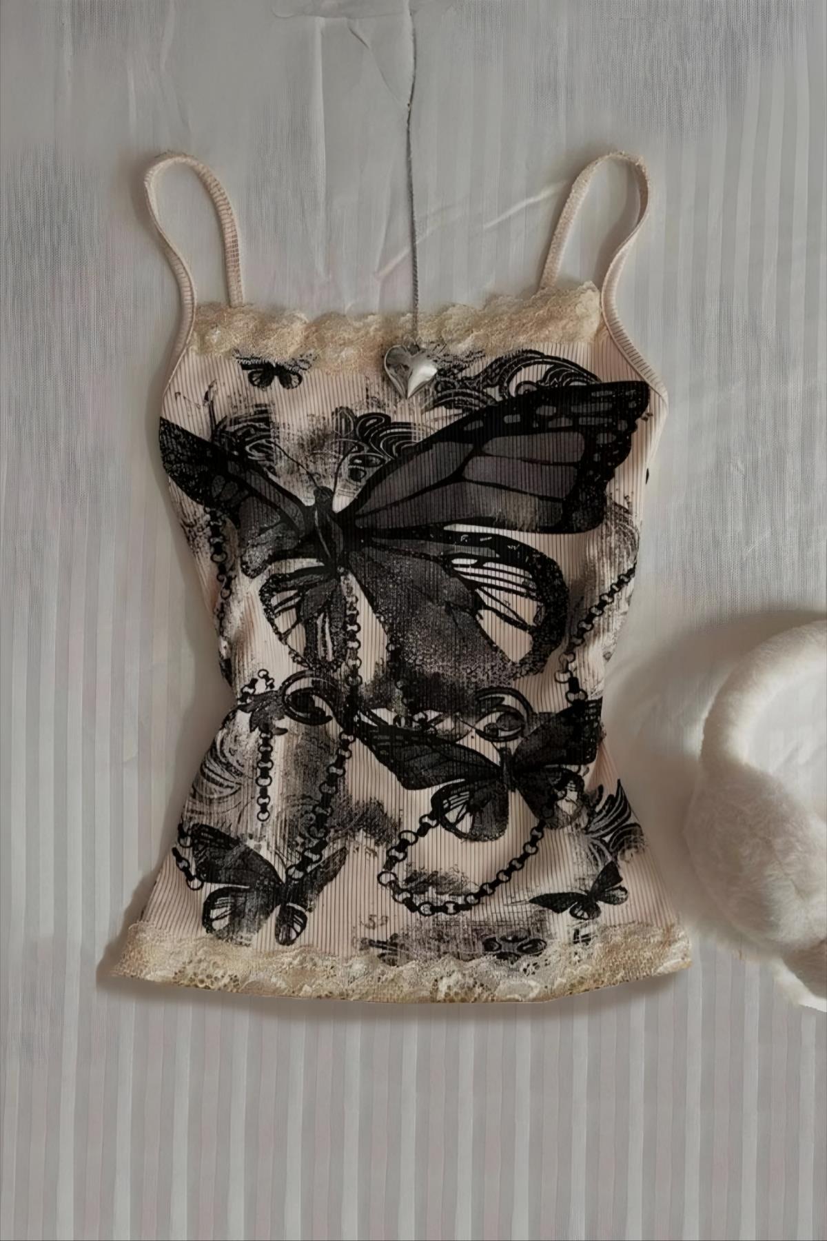 Cream Butterfly Askılı Bluz