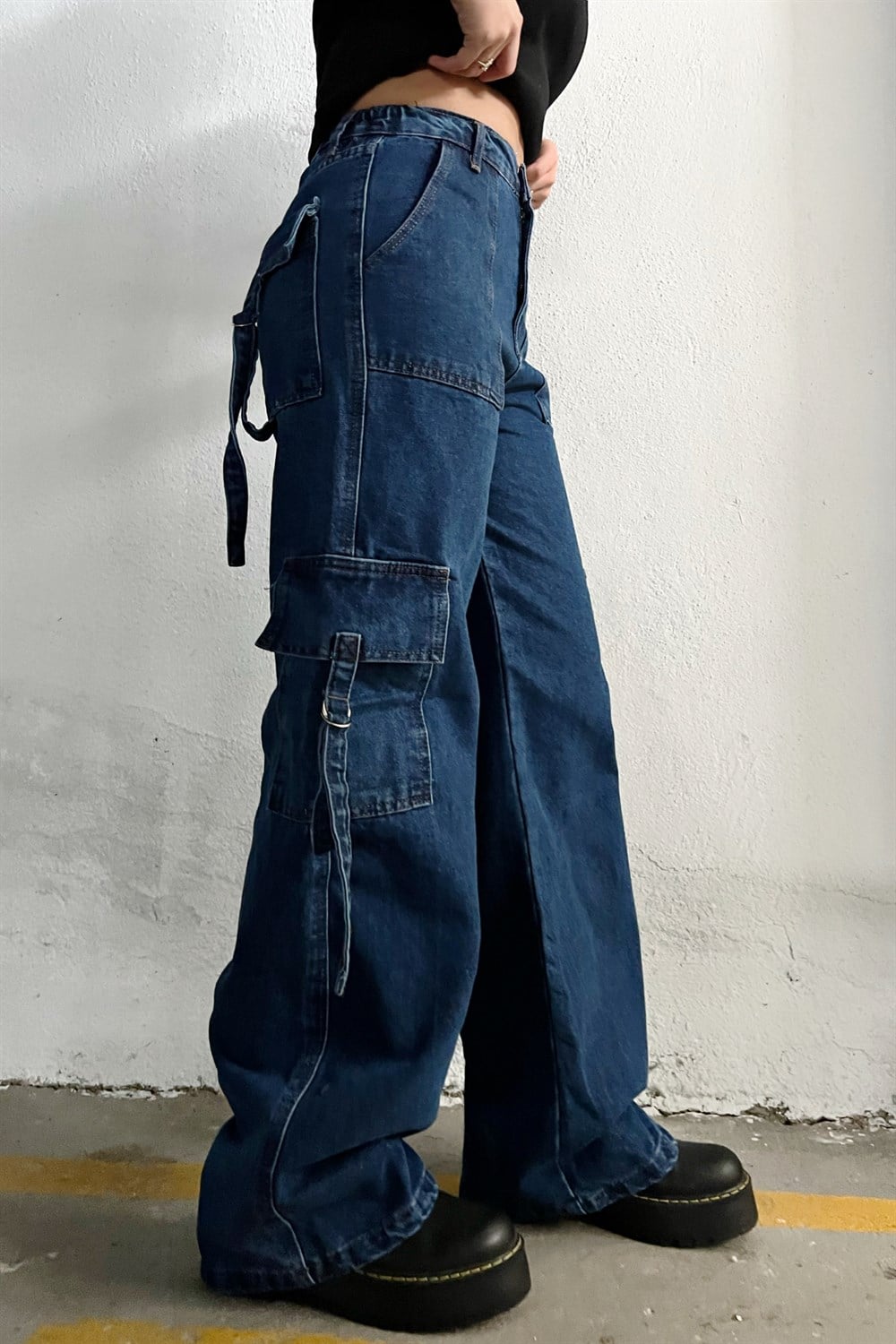 Denim Palaska Kargo Cep Wide Jeans