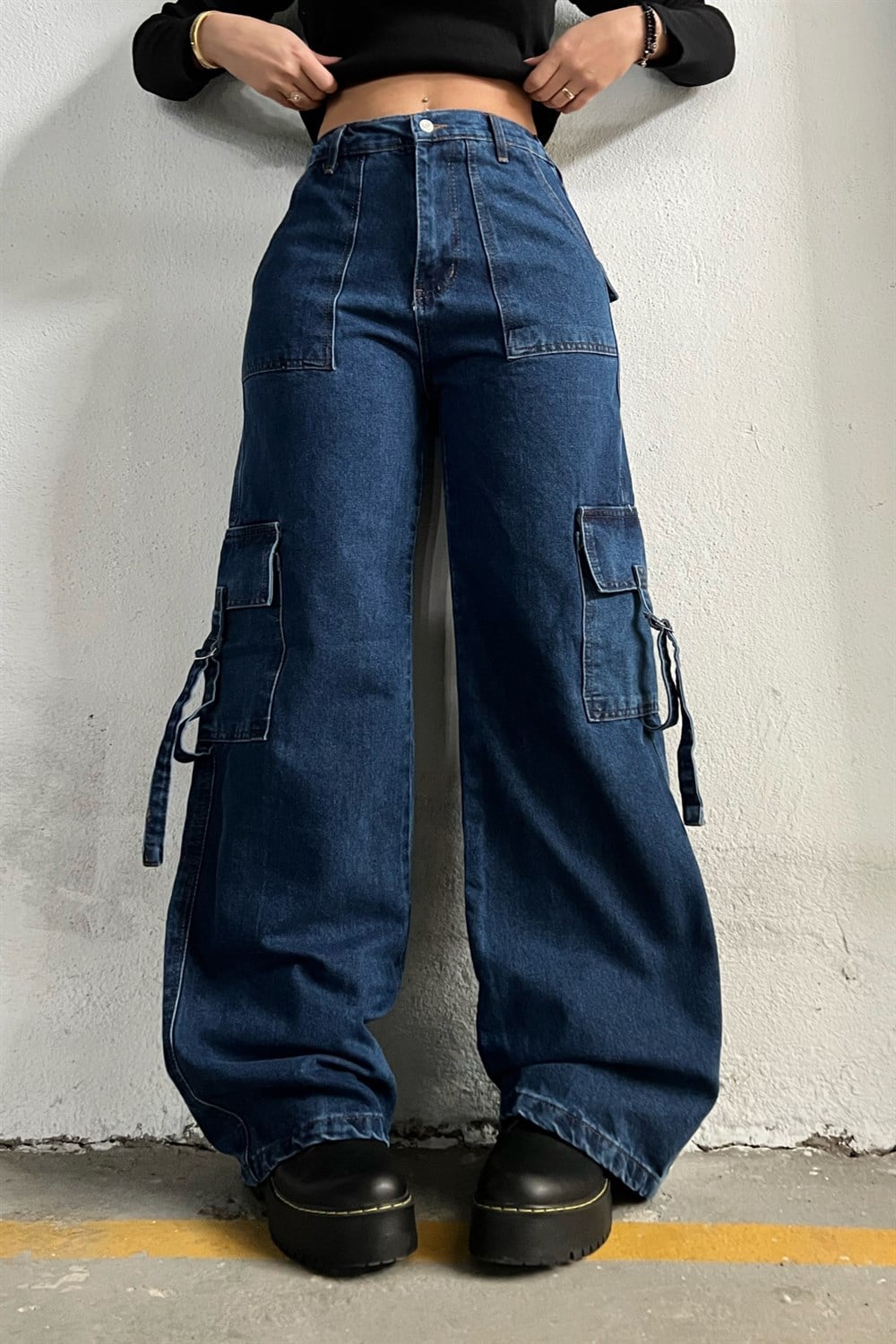 Denim Palaska Kargo Cep Wide Jeans