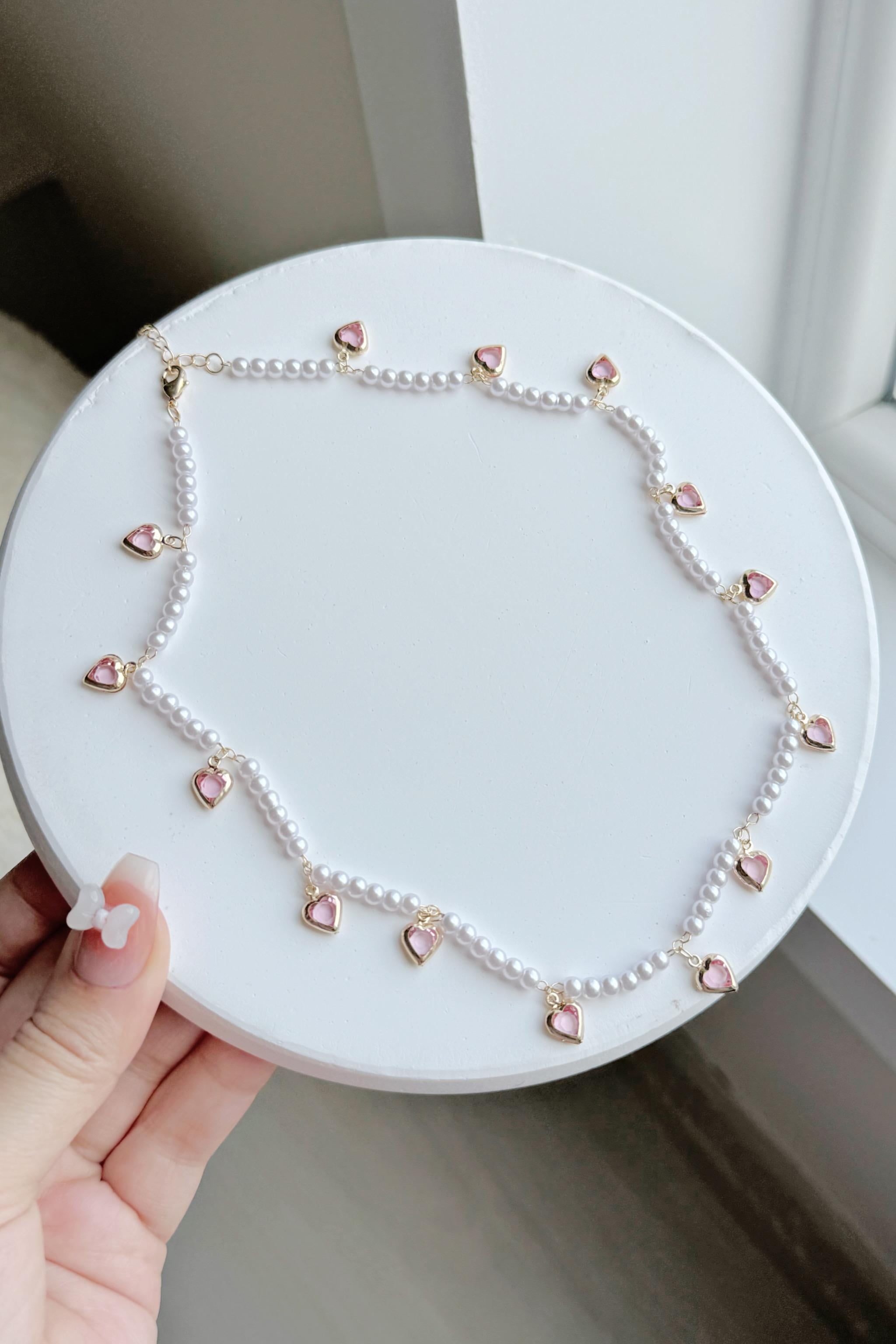 Gold Pearl Heart Stone Kolye