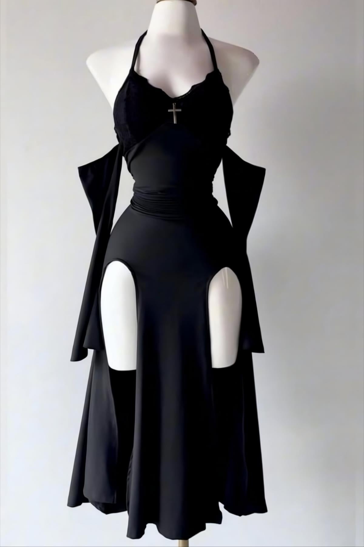 Gothic Çift Yırtmaçlı Askılı Ek Kollu Elbise