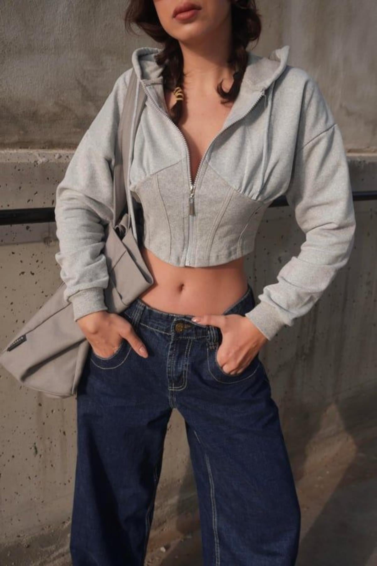 Grey Fermuarlı Crop Top Hırka