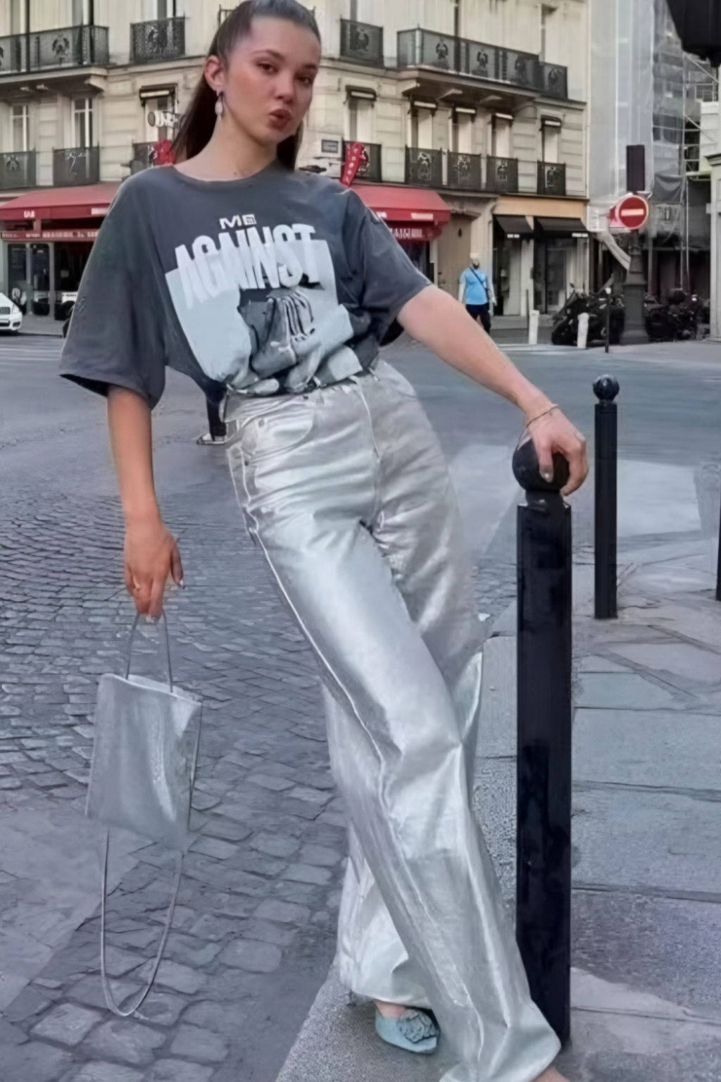 Grey Shiny Straight Fit Pantolon
