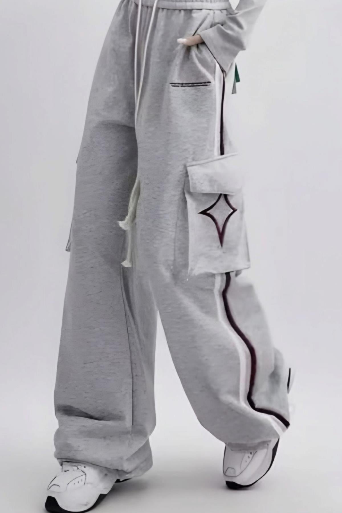 Grey Y2k Stars Kargo Cep Eşofman