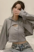 Gri Kapüşonlu Uzun Kollu Crop