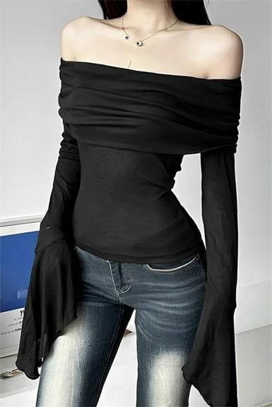 İspanyol Kol Madonna Yaka Siyah Bluz