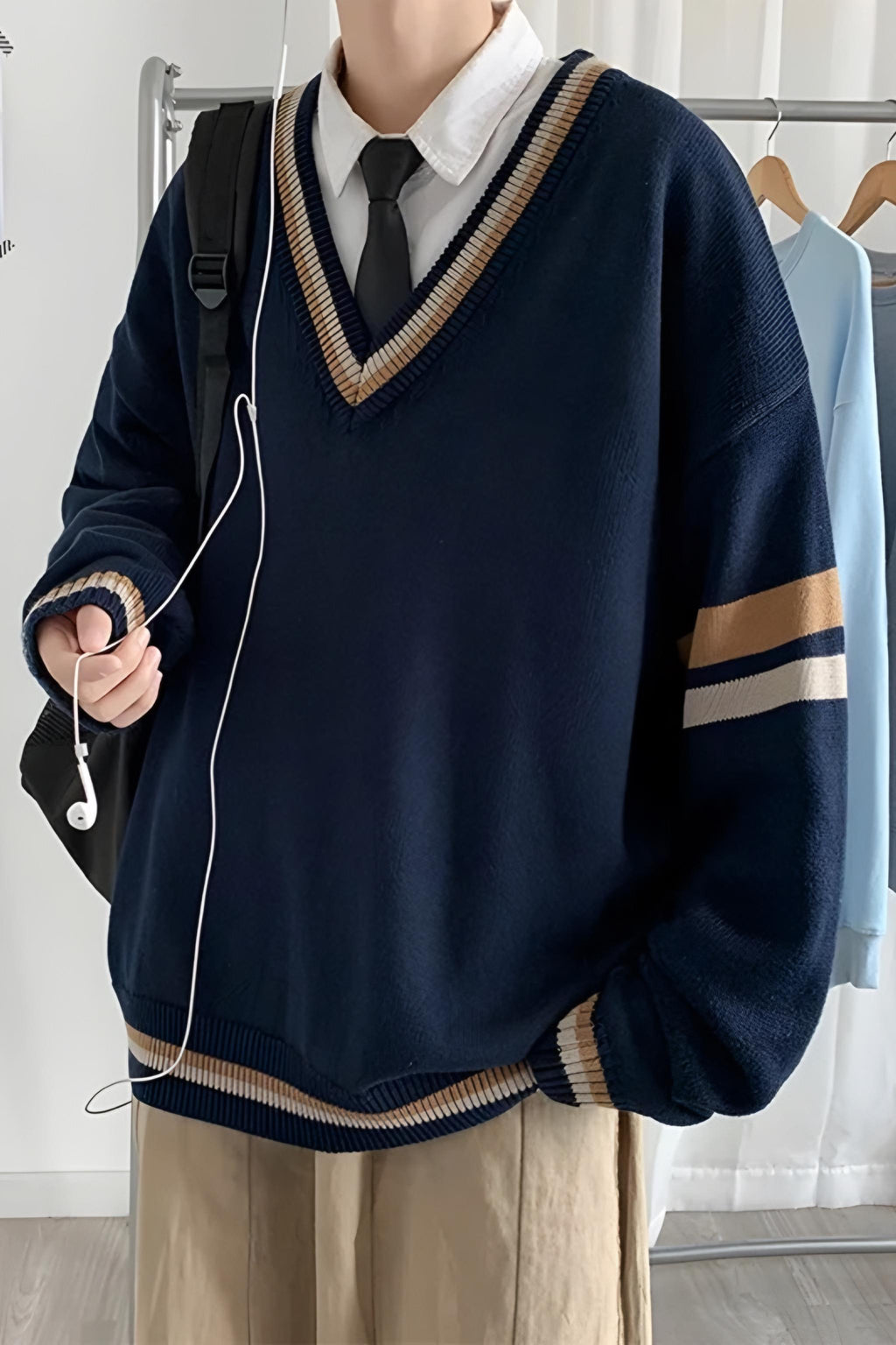 Lacivert Şeritli V Yaka Oversize Kazak