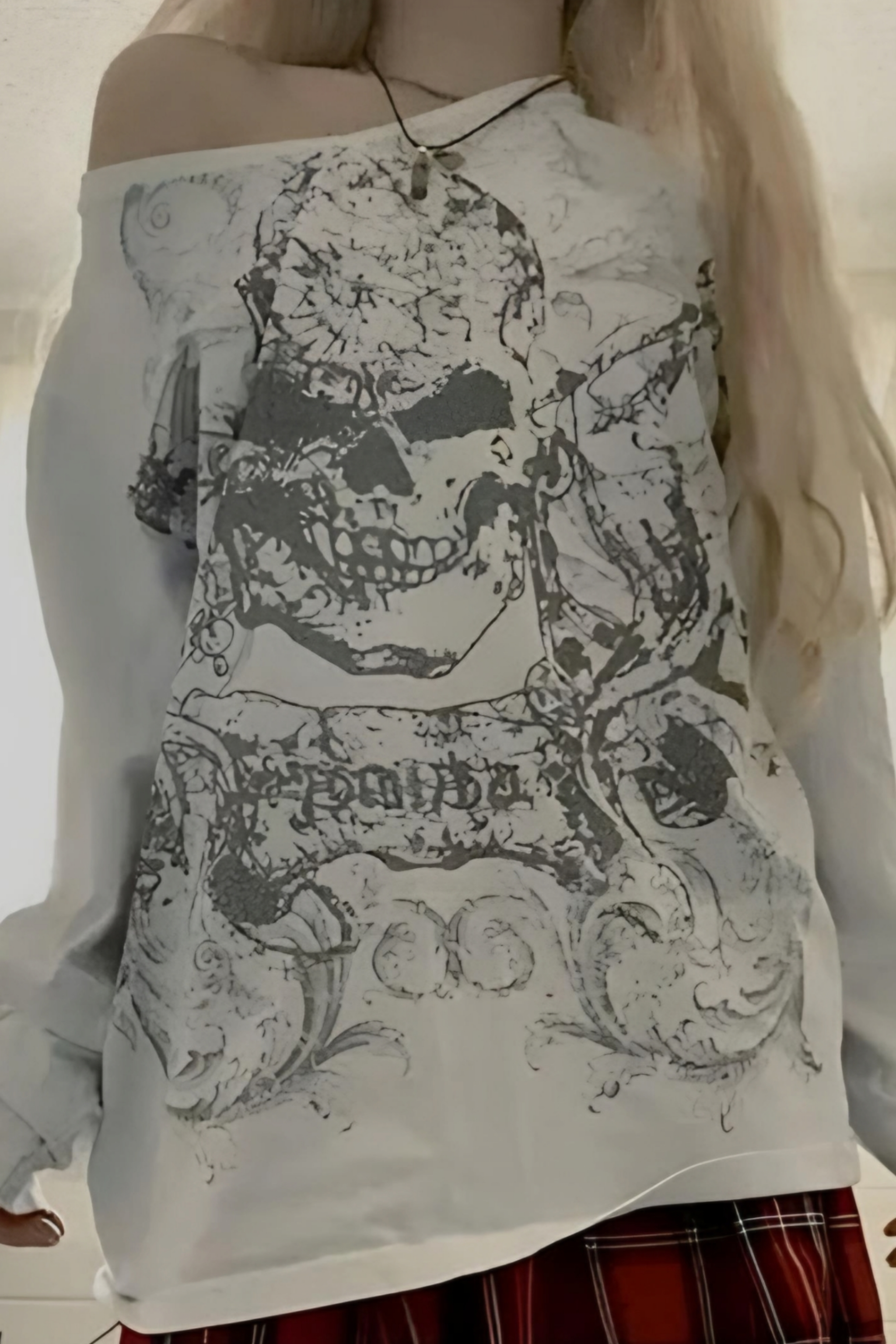 Omuz Açık Skull Pattern Bluz