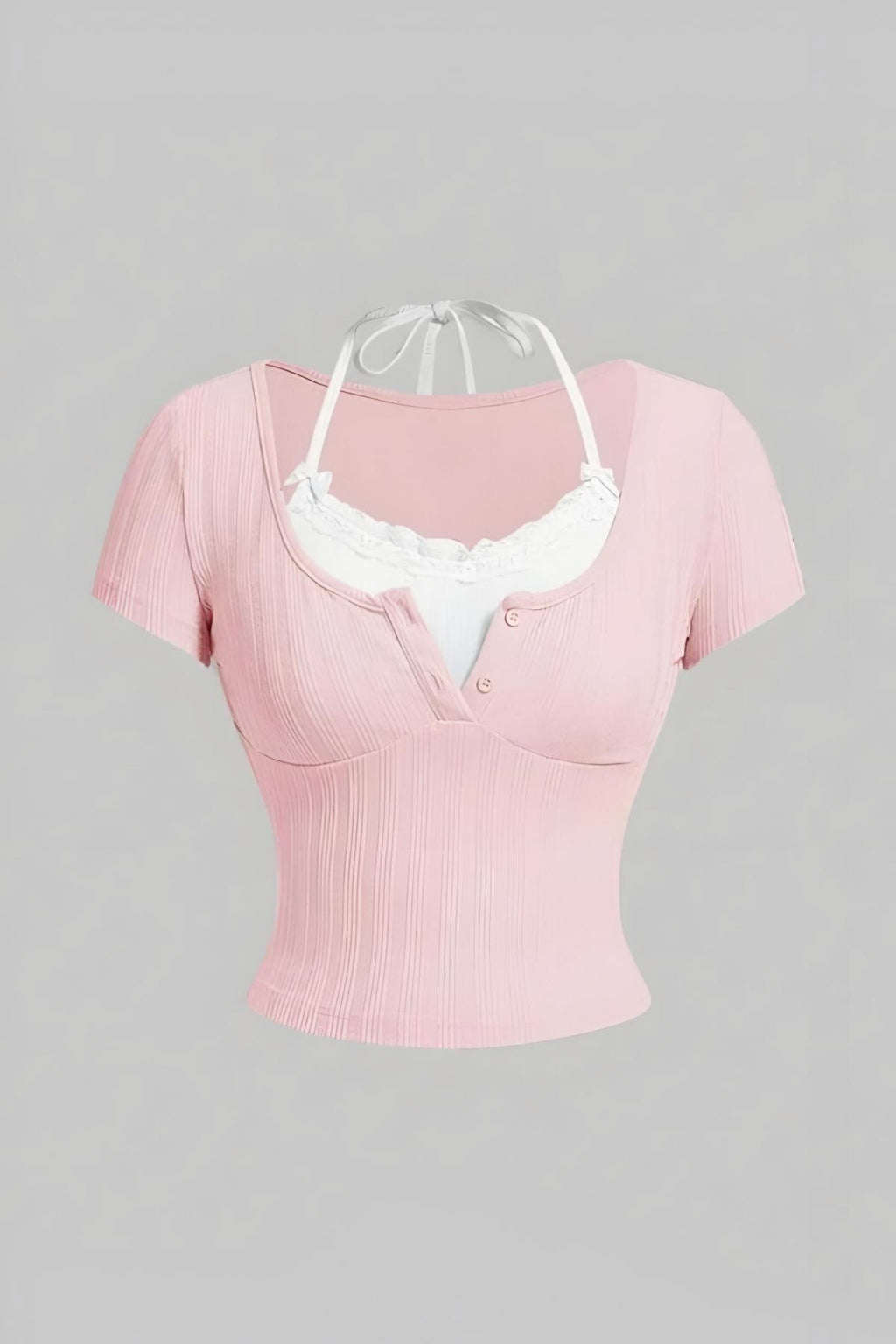 Pink Beyaz Kurdeleli Boyundan Bağlamalı Bluz