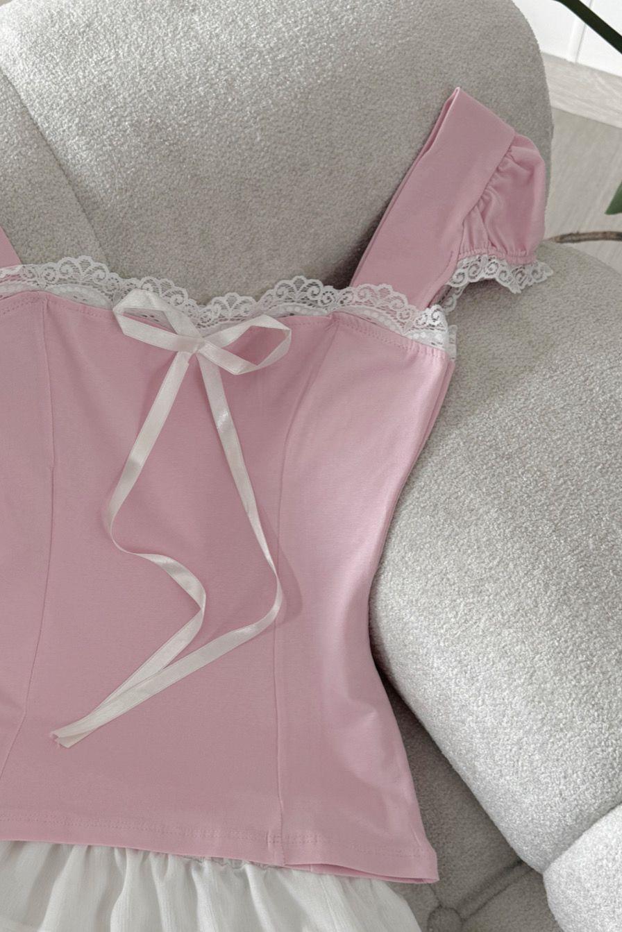 Pink Dantel Kare Yaka Kısa Kollu Bluz