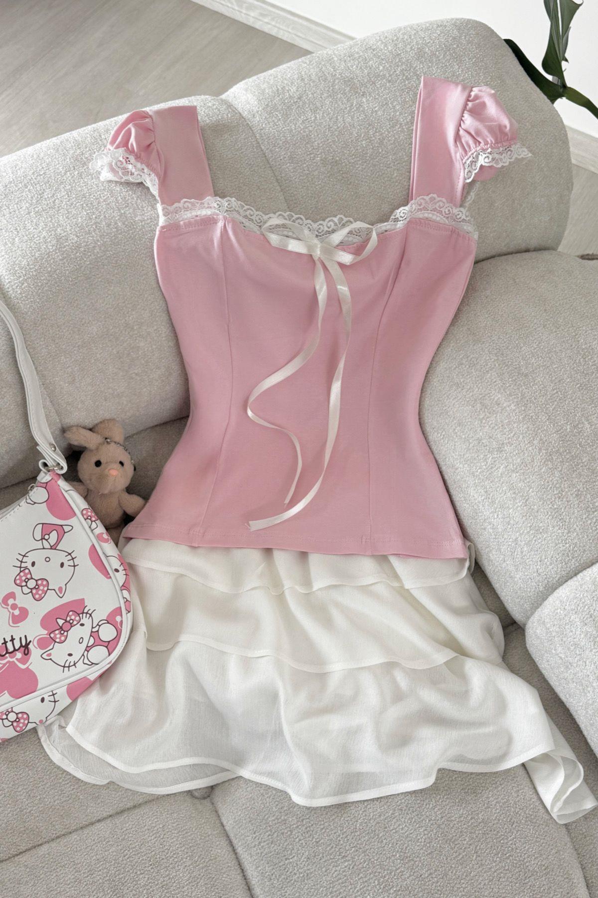 Pink Dantel Kare Yaka Kısa Kollu Bluz