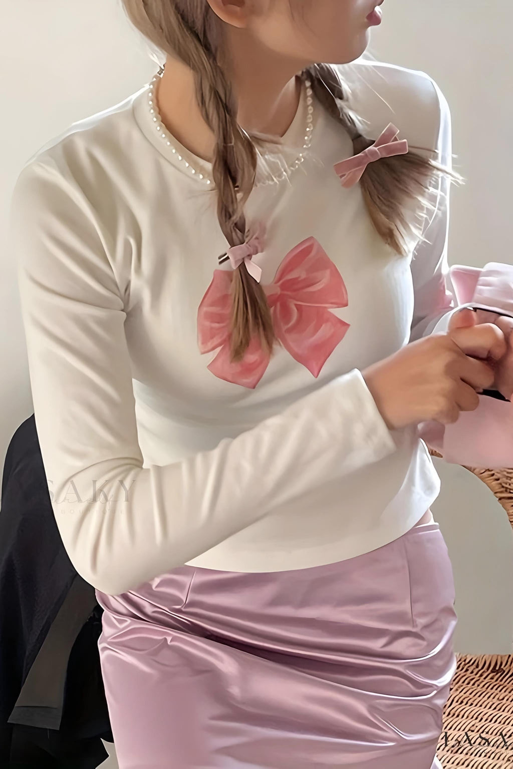 Pink Ribbon Uzun Kol Tam Boy Bluz