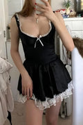 Siyah Dantelli Kurdeleli Lolita Elbise