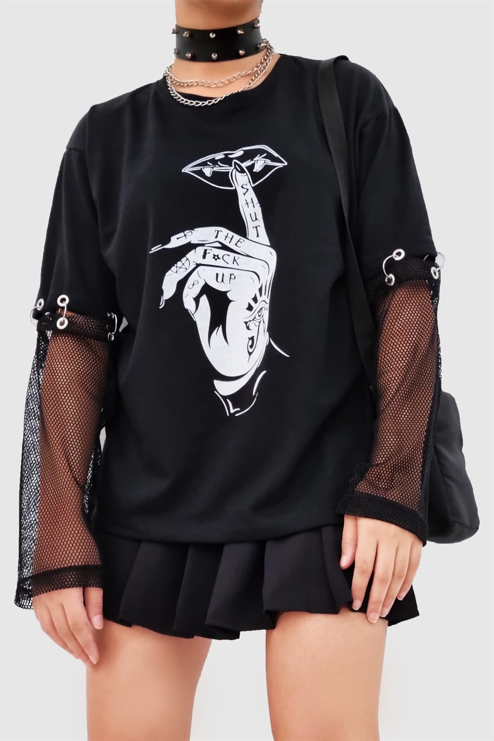 Siyah Gothic File Kol Sweatshirt