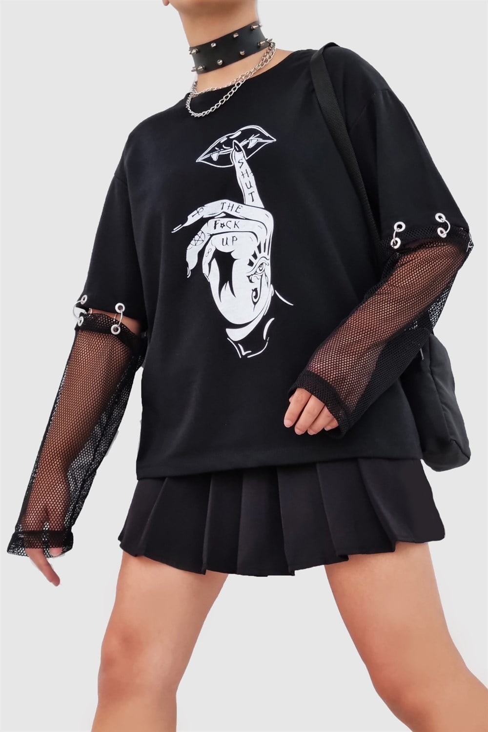 Siyah Gothic File Kol Sweatshirt