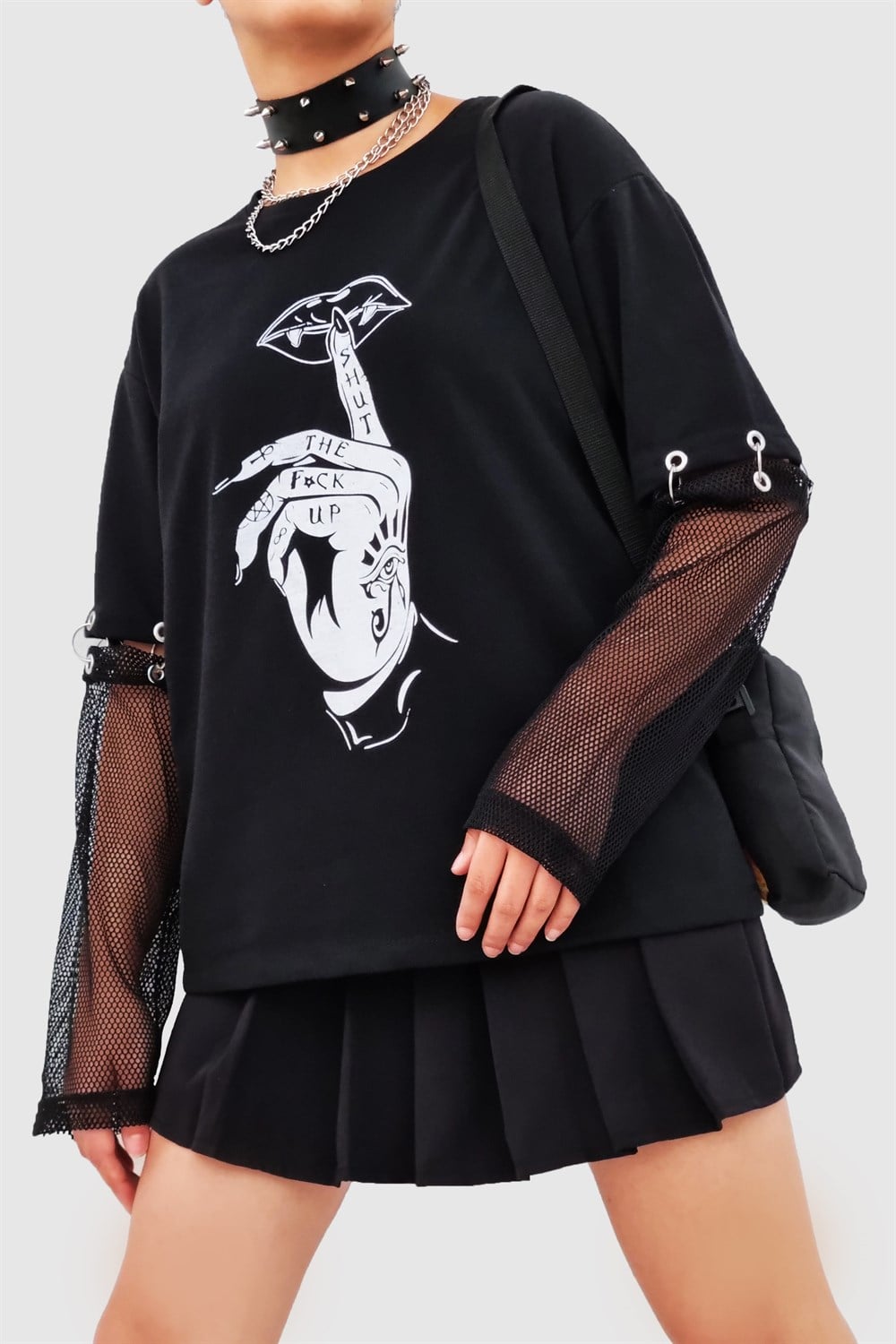Siyah Gothic File Kol Sweatshirt