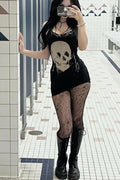 Siyah Gothic Skull Askılı Elbise