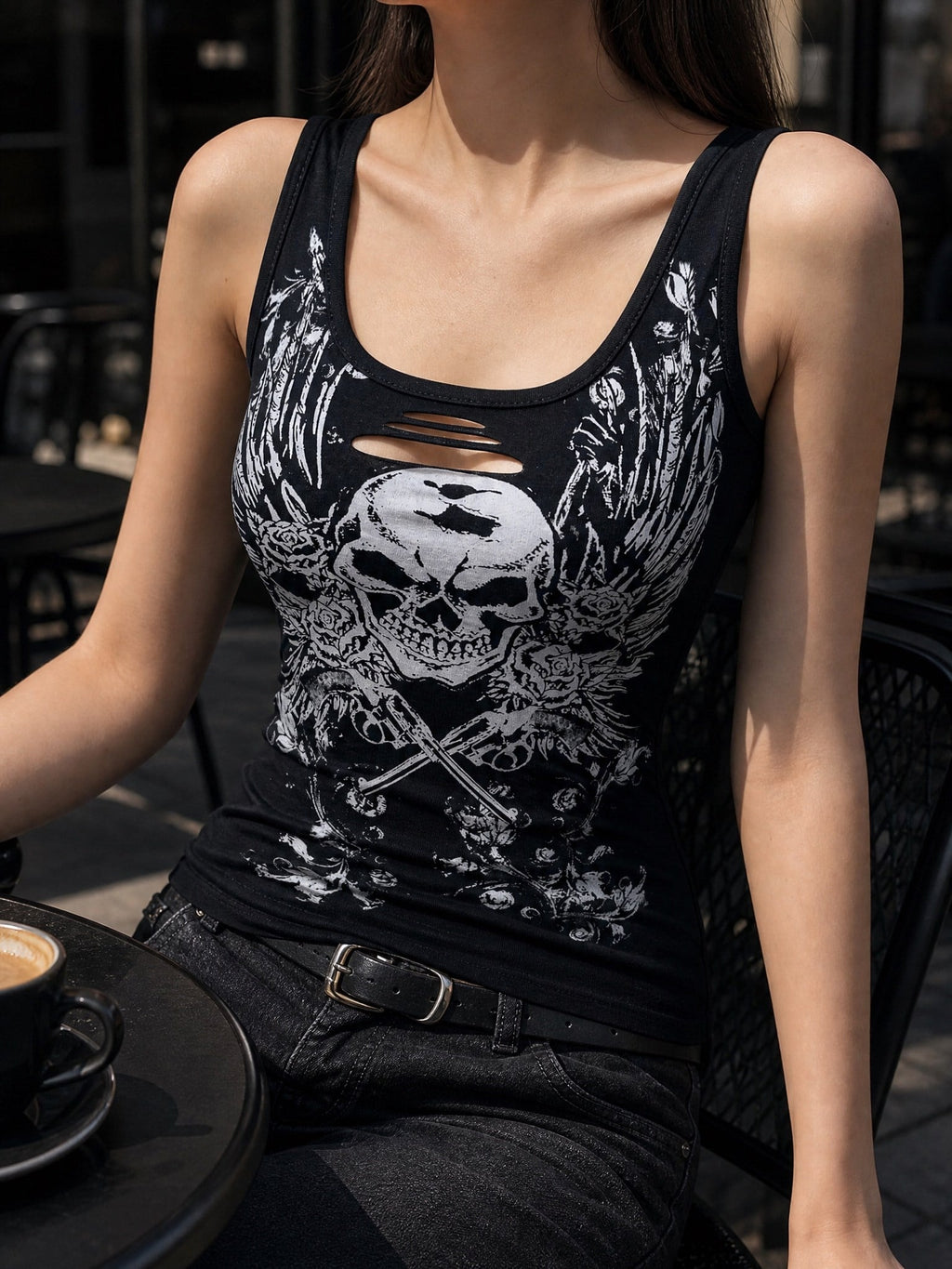 Siyah Gotik Vintage Skull Wings Cyber Grunge Full Body Askılı Crop