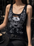 Siyah Gotik Vintage Skull Wings Cyber Grunge Full Body Askılı Crop
