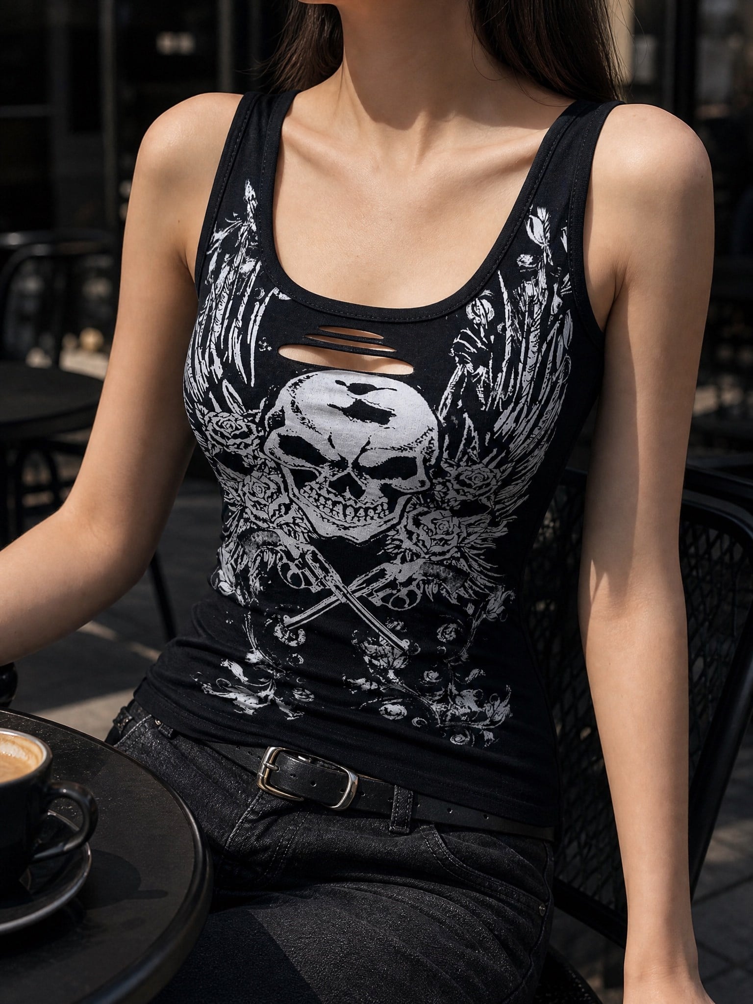 Siyah Gotik Vintage Skull Wings Cyber Grunge Full Body Askılı Crop