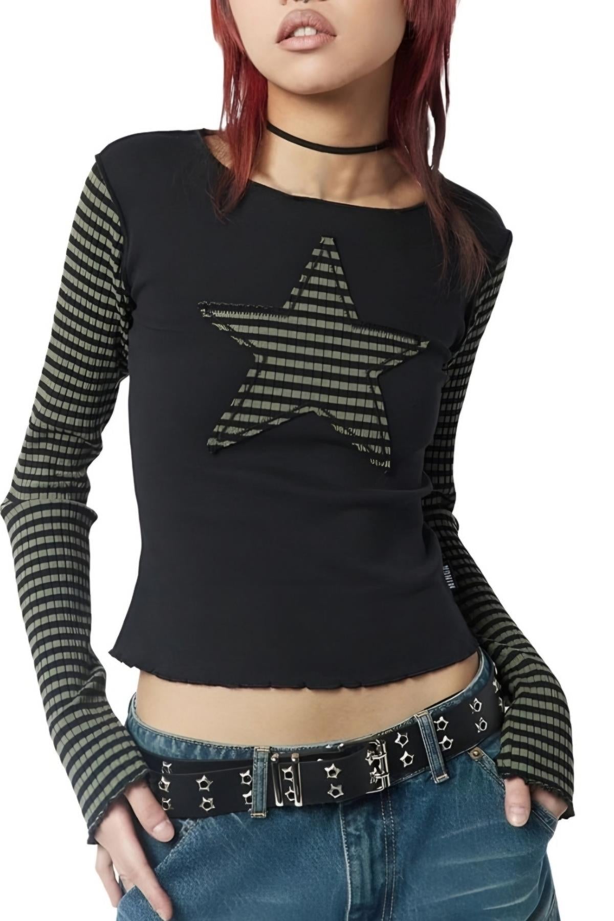 Siyah Raglan Yeşil Star Bluz