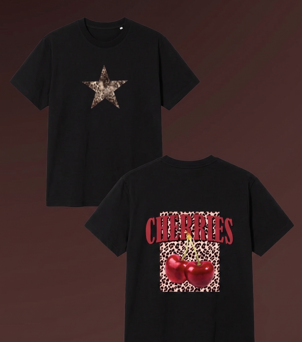 Siyah Sırt Leopar Cherry Oversize T-shirt