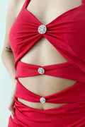 Stone Detail Red Mini Elbise