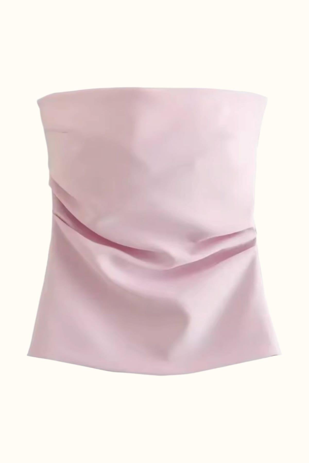Straplez Büzgülü Pembe Bluz